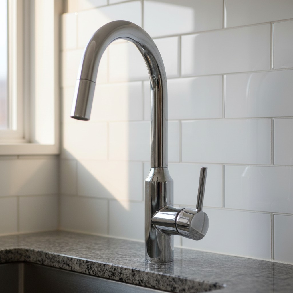 A silver chrome kitchen faucet sits on a grey granite countertop. The narrow, rectangular faucet has a long slender neck t...